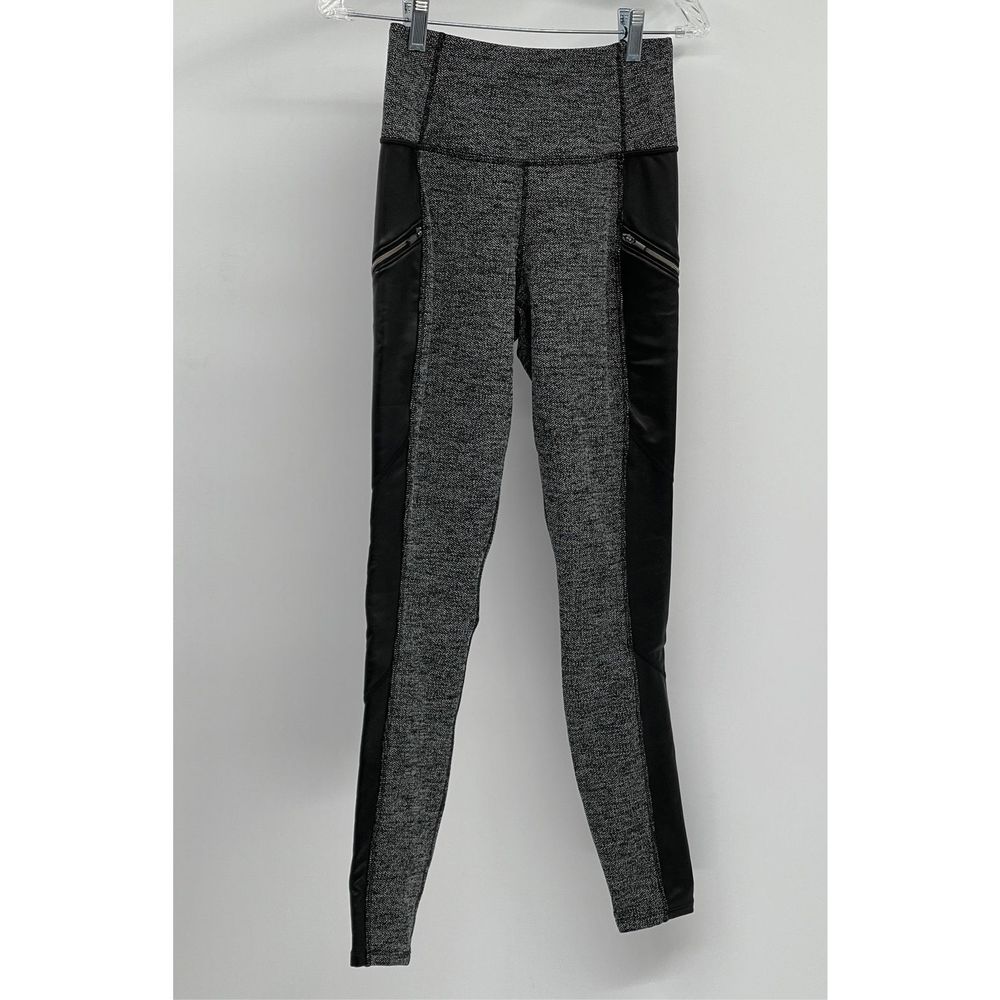 Athleta Leggings Drifter Herringbone Lux Women XS Gray Black Faux‎ Leather Side